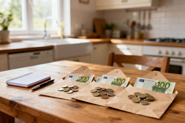 Trois enveloppes en papier kraft contenant des billets en euros et des pièces, posées sur une table en bois.