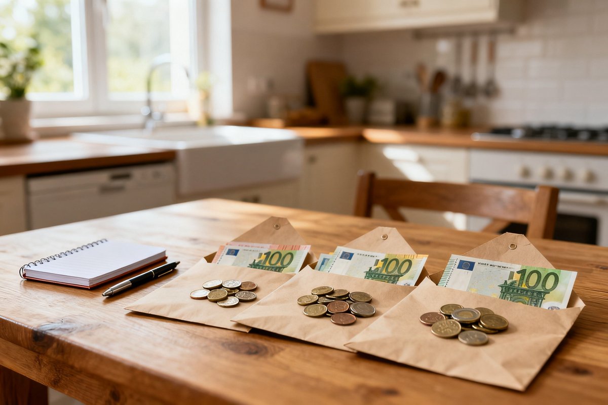 Trois enveloppes en papier kraft contenant des billets en euros et des pièces, posées sur une table en bois.