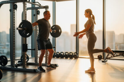 Homme et femme s'entraînent ensemble dans une salle de sport lumineuse au lever du jour