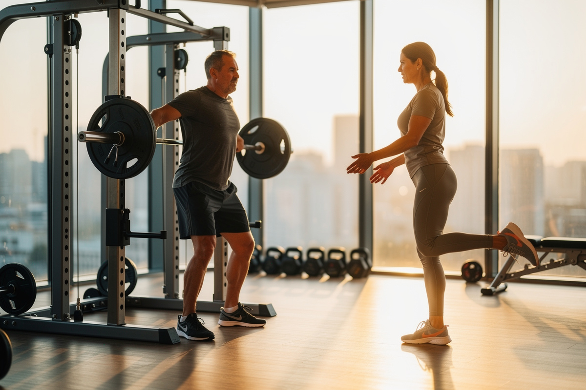 Homme et femme s'entraînent ensemble dans une salle de sport lumineuse au lever du jour
