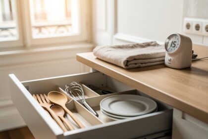 Tiroir de cuisine soigneusement trié avec quelques objets posés sur un plan de travail clair et un minuteur réglé sur 15 minutes