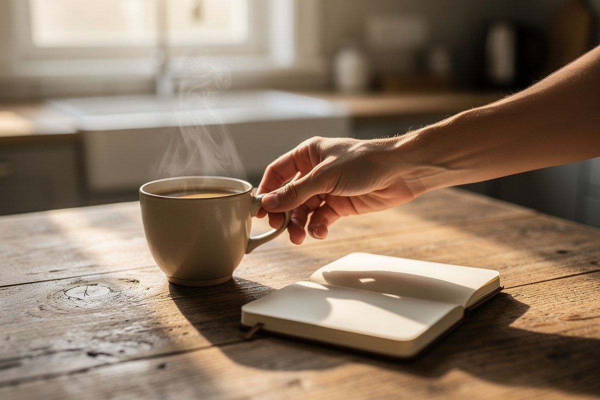Carnet ouvert posé sur une table en bois à côté d'une tasse de café fumante dans la lumière du matin