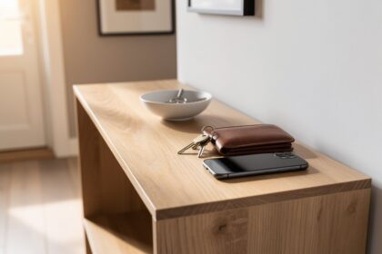 Console d'entrée en bois clair avec coupelle en céramique contenant des clés, un portefeuille et un smartphone.