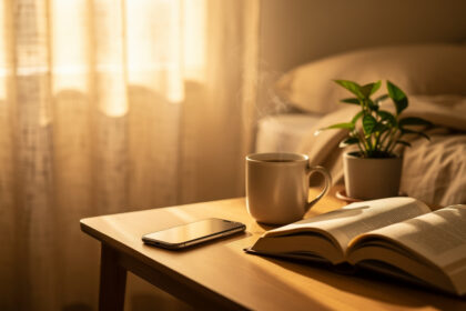 Table de chevet au réveil avec un smartphone posé face cachée, un livre ouvert et une tasse de café fumante.