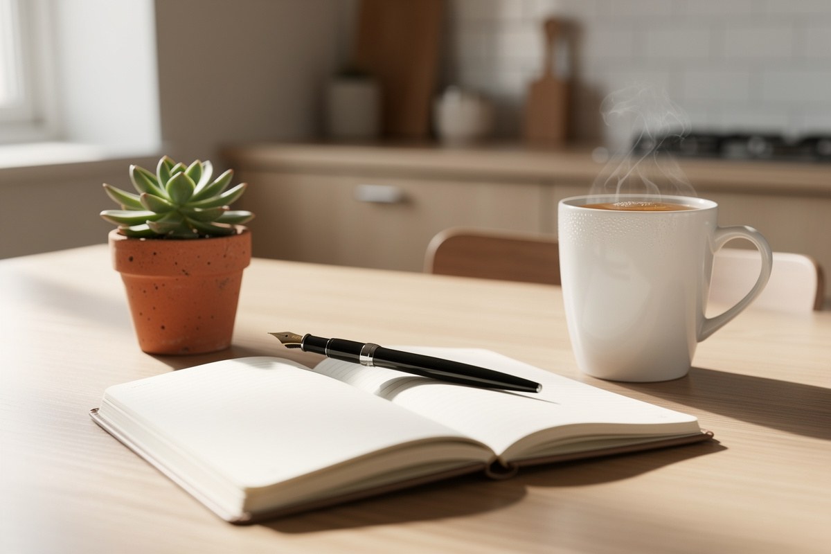 Carnet ouvert et stylo plume posés sur une table de cuisine en bois aux côtés d un mug fumant