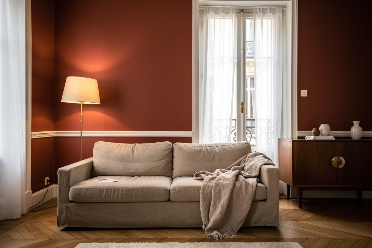 Salon parisien rafraîchi par un mur d'accent terracotta, une lampe d'appoint chaude et un plaid en lin posé sur un canapé.