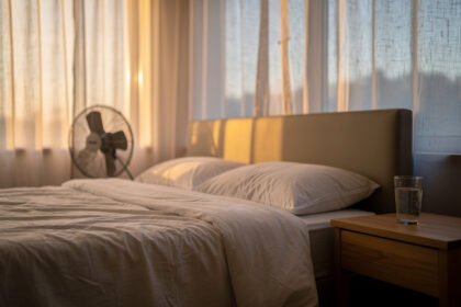 Chambre paisible aux rideaux entrebâillés, lit aux draps clairs et ventilateur orienté vers le couchage.