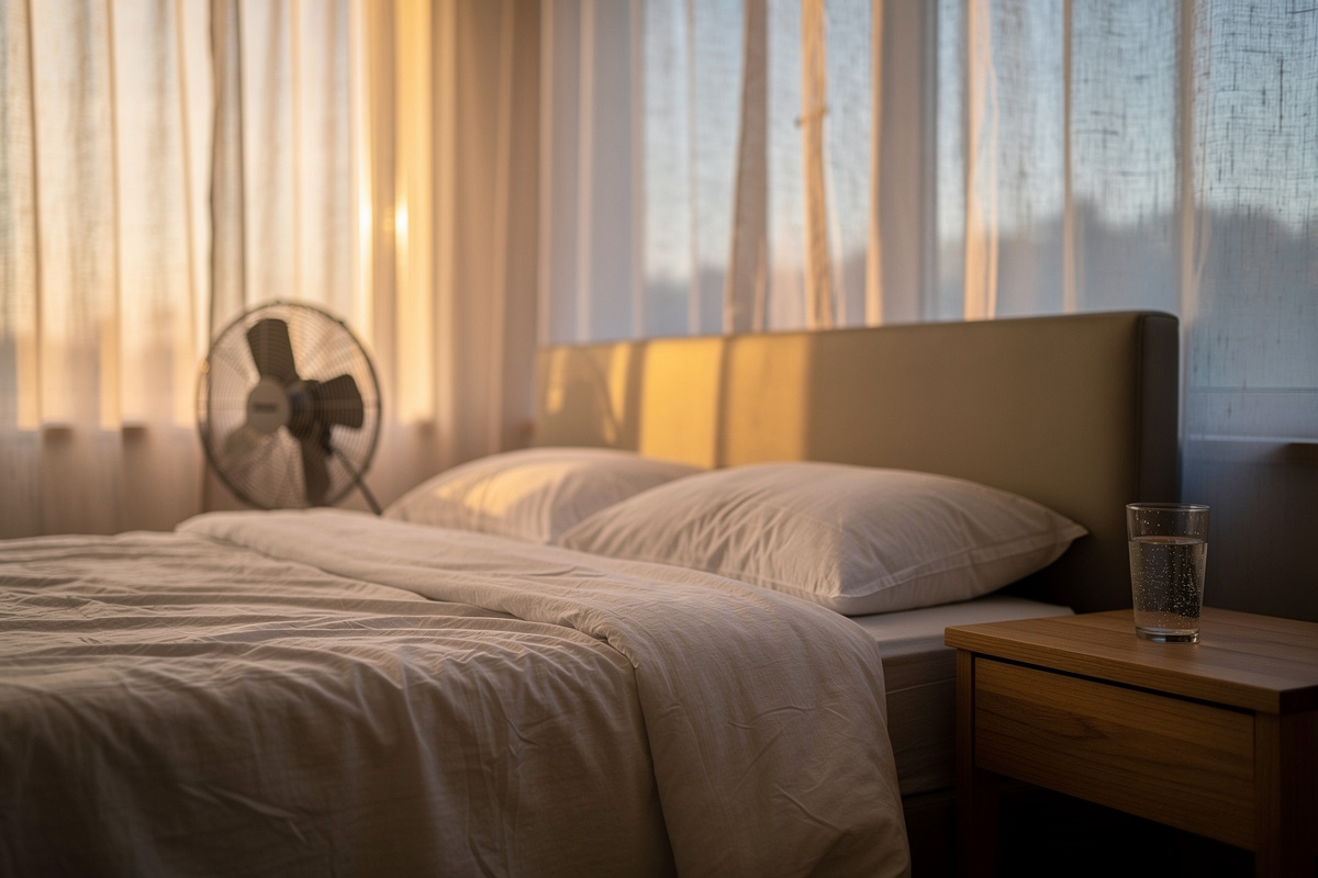 Chambre paisible aux rideaux entrebâillés, lit aux draps clairs et ventilateur orienté vers le couchage.