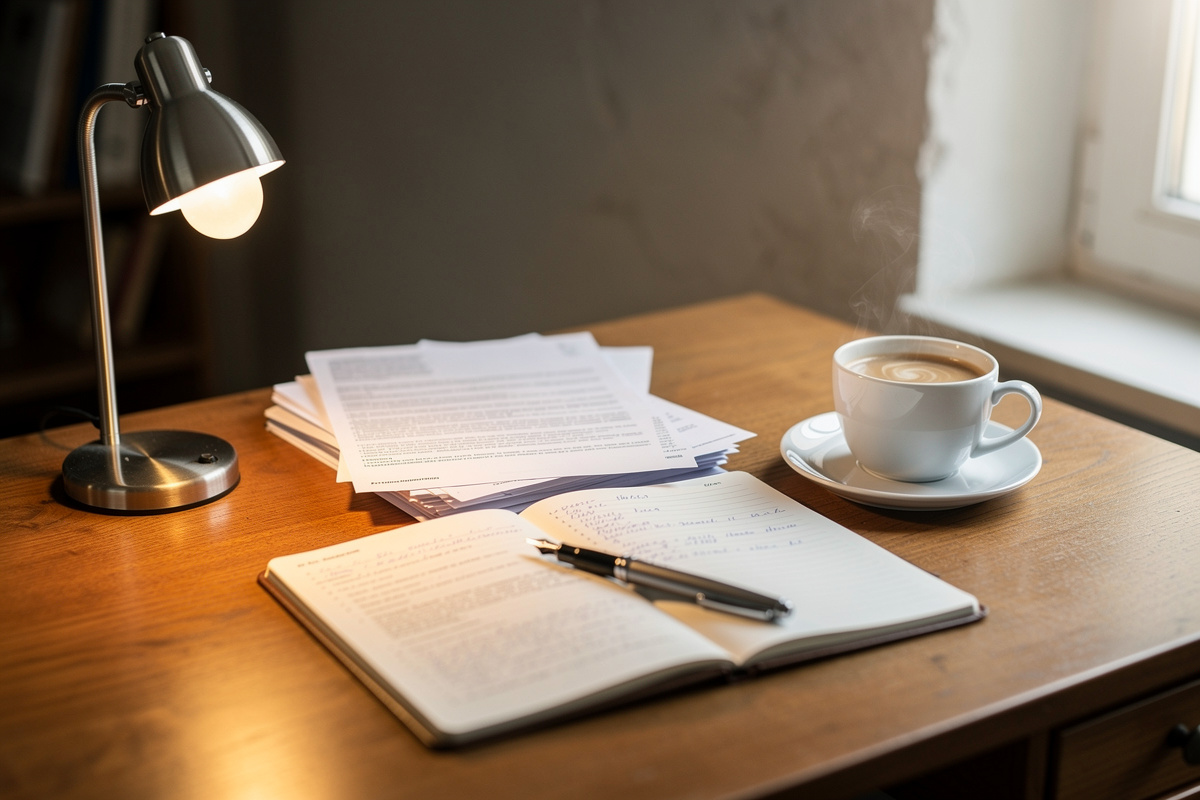 Bureau domestique avec courriers administratifs ouverts, agenda en papier, stylo et tasse de café, lumière naturelle douce