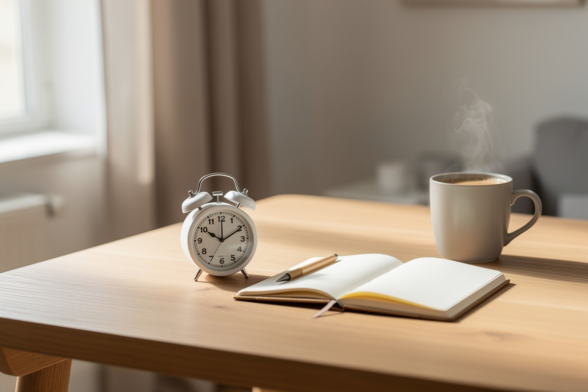 Minuteur de cuisine posé à côté d'un carnet ouvert et d'une tasse de café sur un bureau en bois