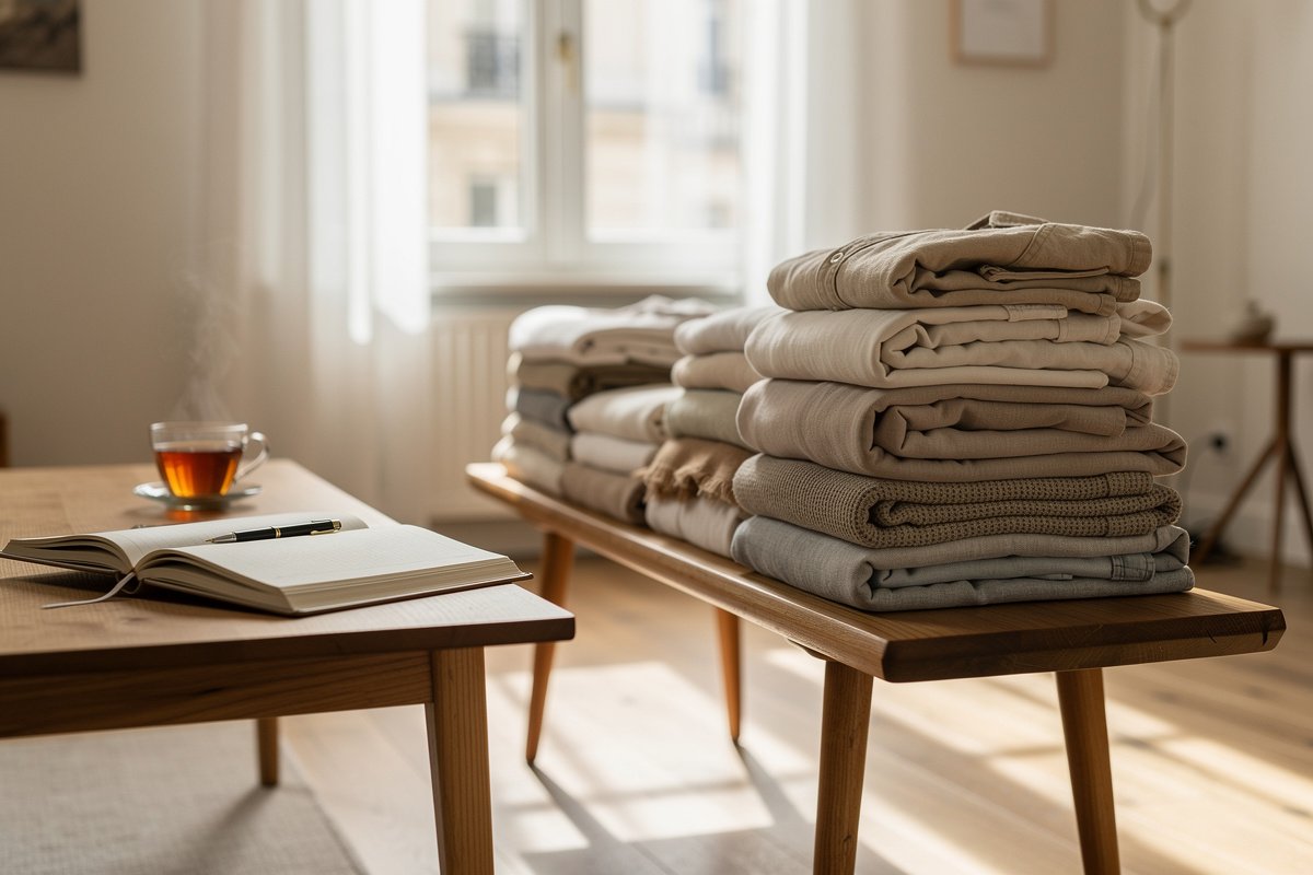 Linge plié sur un banc en bois, agenda papier ouvert et tasse de thé dans un salon ensoleillé