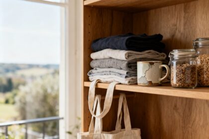 Étagère en bois avec quelques vêtements pliés, des sacs en tissu réutilisables et des bocaux en verre.