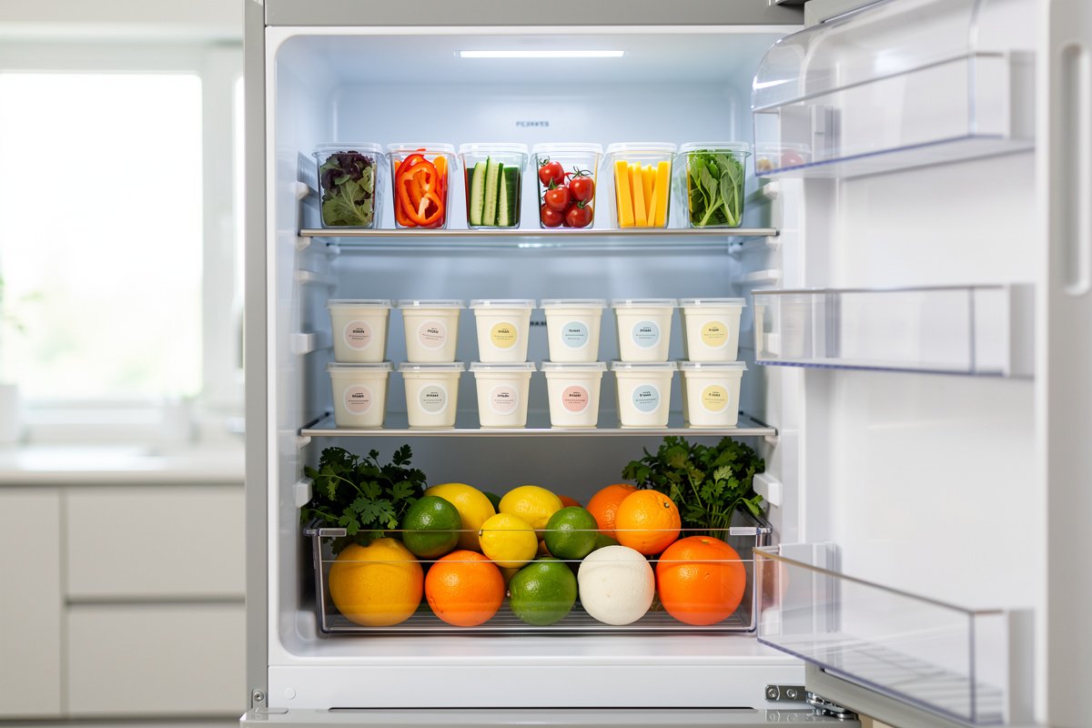 Intérieur d'un réfrigérateur ouvert aux étagères bien rangées, légumes frais en boîtes transparentes et bocaux à hauteur des yeux.