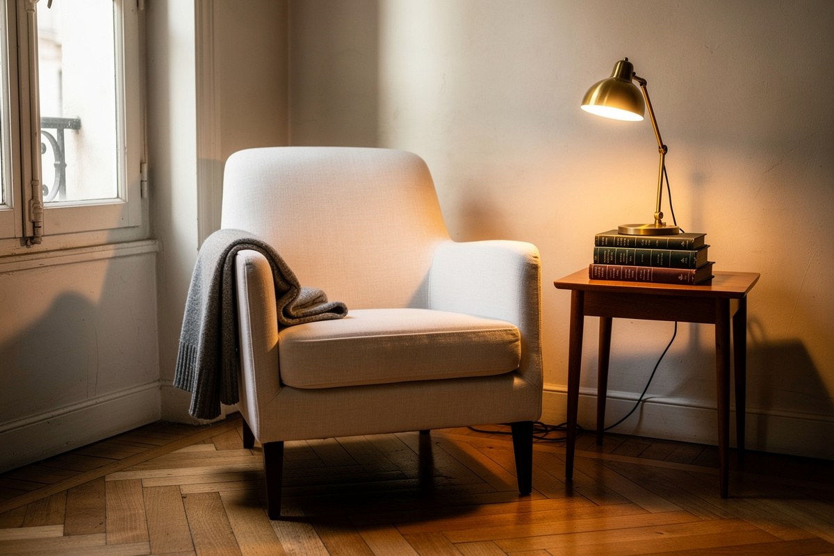 Coin lecture cosy aménagé dans un angle baigné de lumière, fauteuil scandinave et pile de livres.