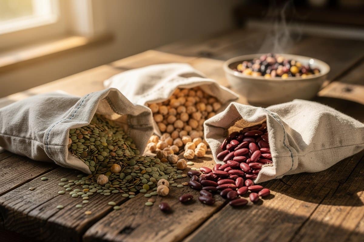 Légumineuses sèches sur une table en bois : lentilles vertes, pois chiches et haricots rouges