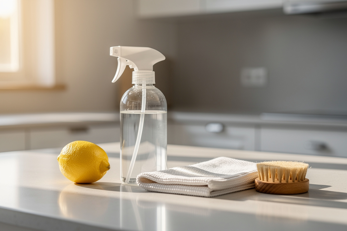 Plan de travail de cuisine avec un vaporisateur en verre, un chiffon microfibre et un citron, lumière naturelle.