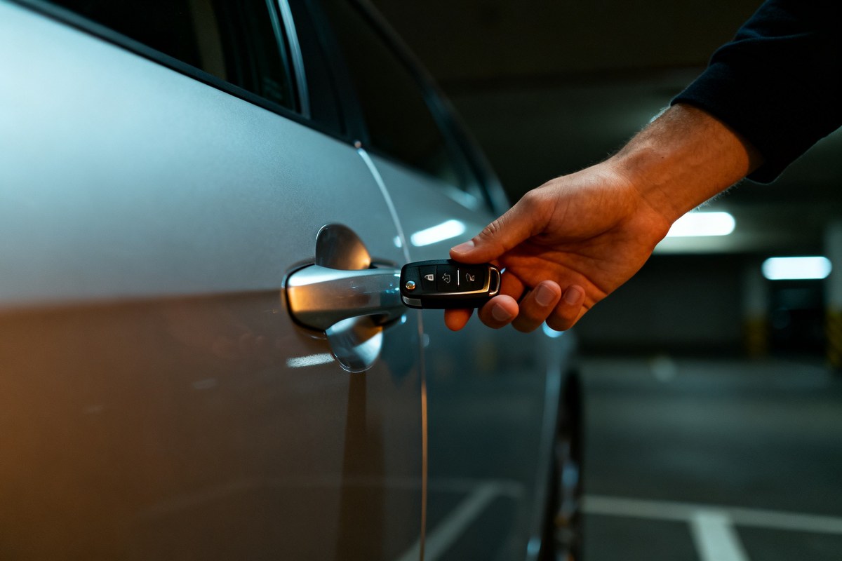 Main approchant une clé télécommande de la portière d'une voiture sur un parking