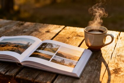 Album photo imprimé ouvert sur une table en bois avec des tirages et une tasse de café