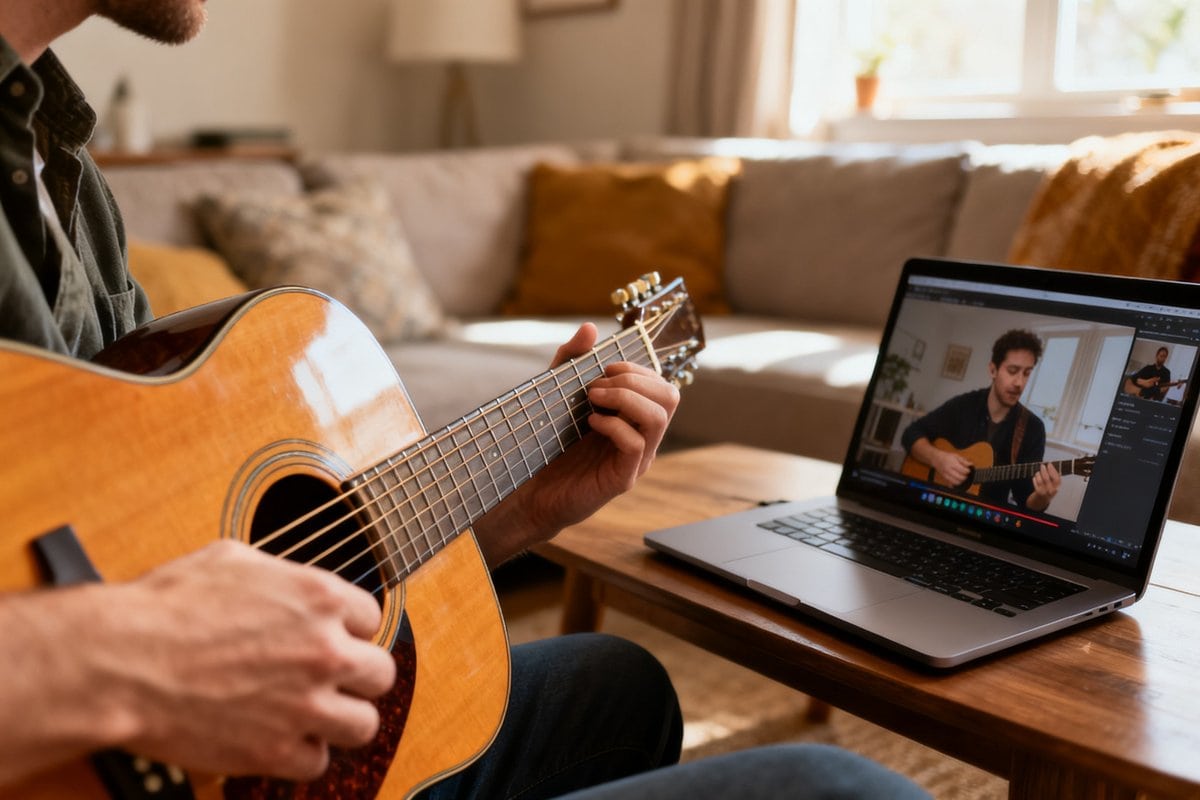 Mains jouant de la guitare acoustique pres d un ordinateur portable affichant un tutoriel video dans un salon