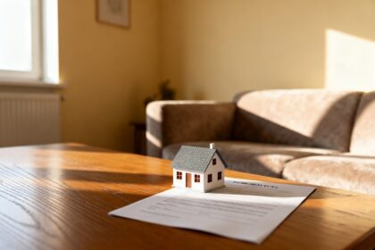 Salon chaleureux avec une figurine de maison et un document posés sur une table