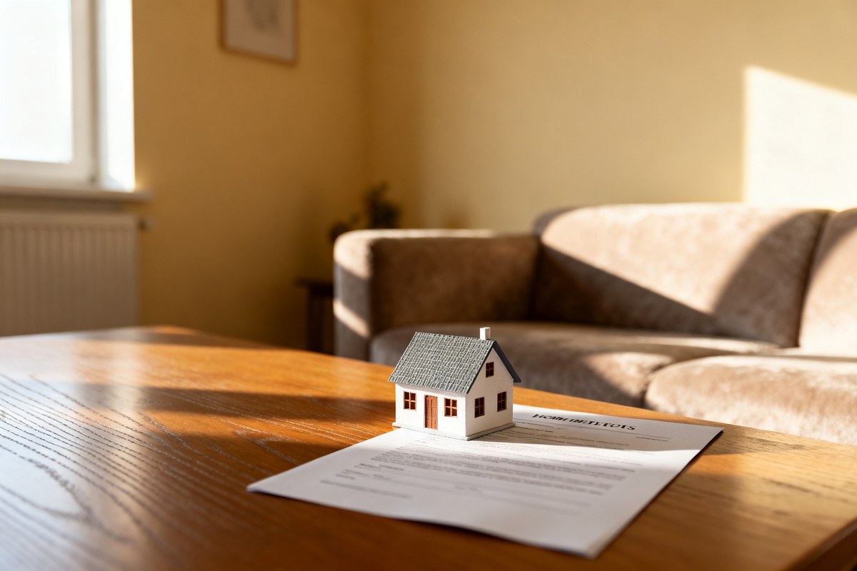 Salon chaleureux avec une figurine de maison et un document posés sur une table