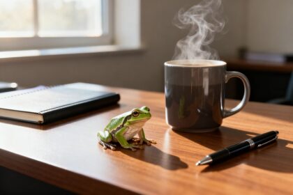 Une grenouille verte posée sur un bureau en bois, à côté d'une tasse de café fumante et d'un carnet, lumière du matin.