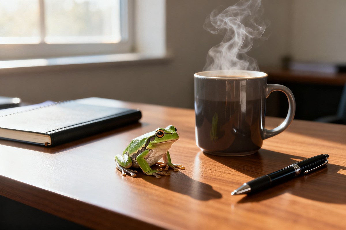 Une grenouille verte posée sur un bureau en bois, à côté d'une tasse de café fumante et d'un carnet, lumière du matin.