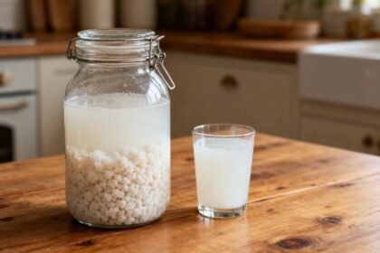 Bocal de kéfir de lait avec des grains de kéfir et un verre de boisson fermentée sur une table