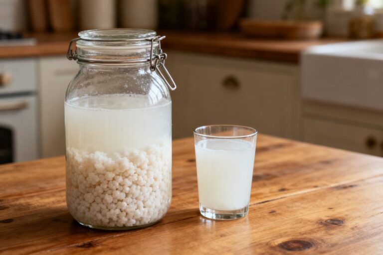 Bocal de kéfir de lait avec des grains de kéfir et un verre de boisson fermentée sur une table