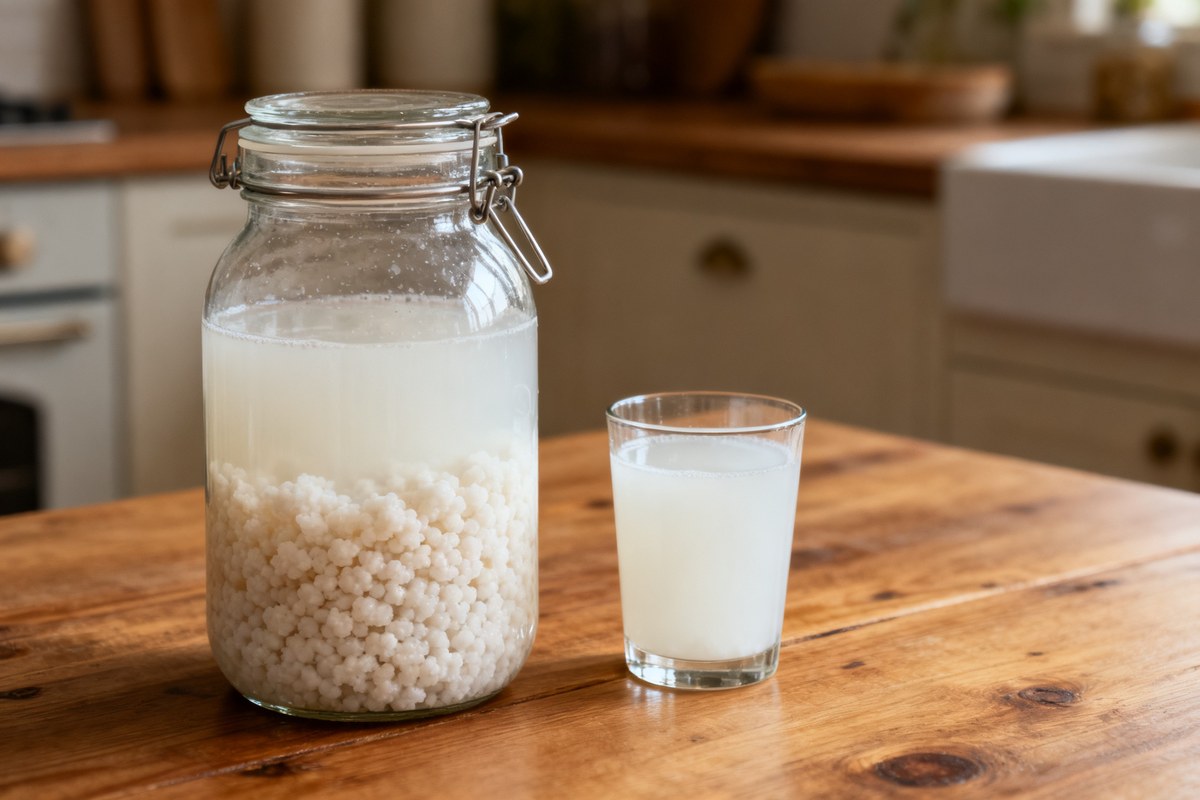 Bocal de kéfir de lait avec des grains de kéfir et un verre de boisson fermentée sur une table