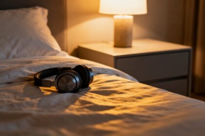 Casque audio posé sur un lit dans une chambre calme et tamisée en soirée.