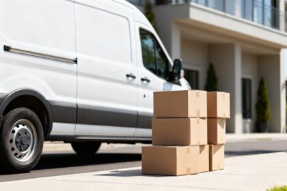 Fourgon de déménagement blanc garé devant une maison avec des cartons prêts à charger