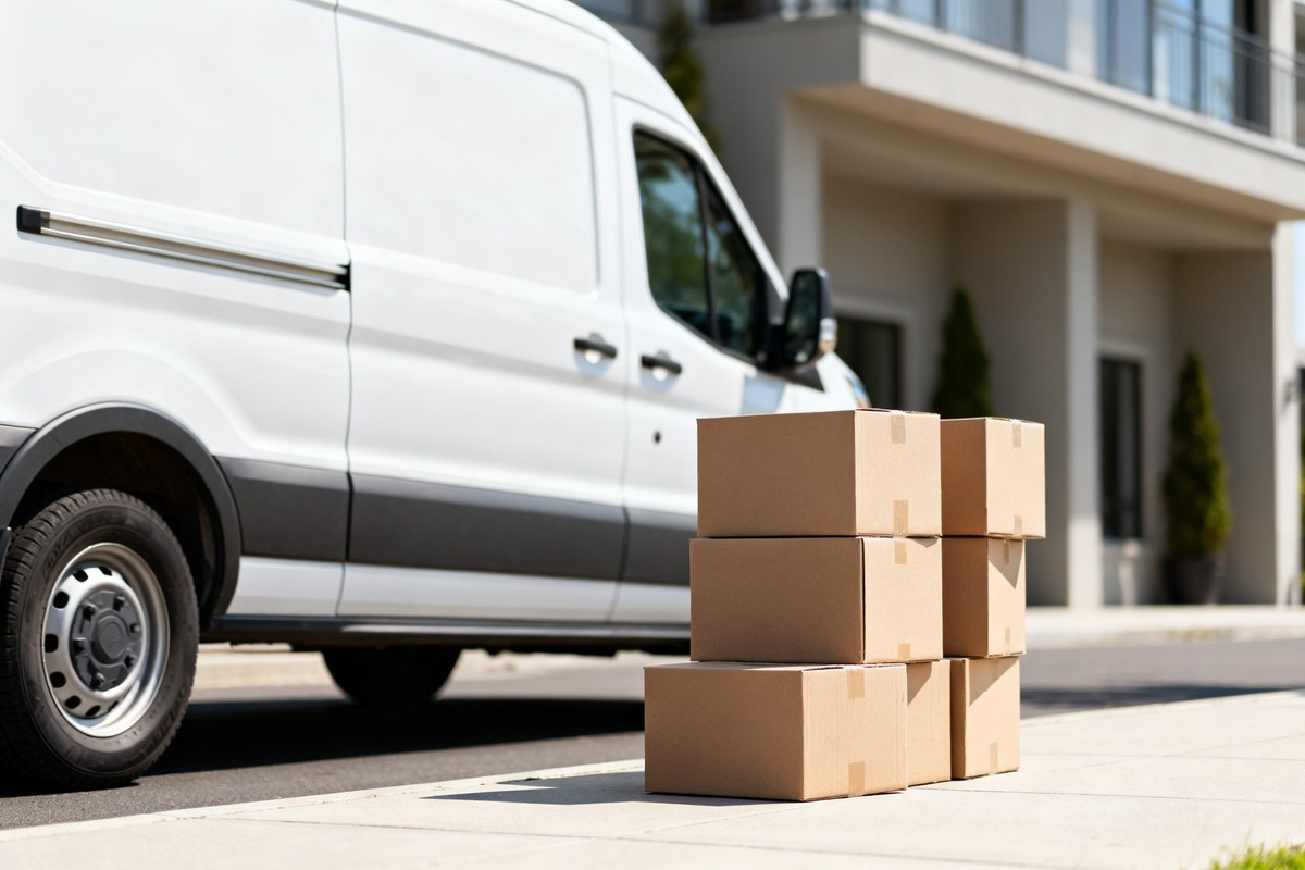 Fourgon de déménagement blanc garé devant une maison avec des cartons prêts à charger