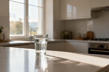 Un verre d'eau posé sur un plan de travail près d'une fenêtre, dans la lumière douce du matin.