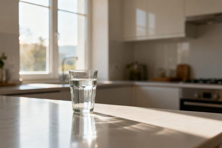 Un verre d'eau posé sur un plan de travail près d'une fenêtre, dans la lumière douce du matin.