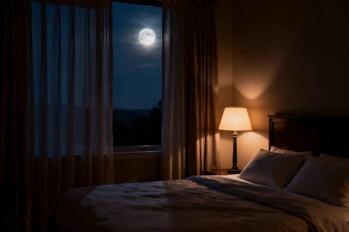 Chambre calme et tamisée la nuit, lit soigneusement préparé et lampe de chevet allumée