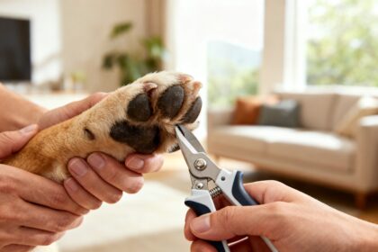 Mains tenant la patte d'un chien et un coupe-griffes dans un salon lumineux