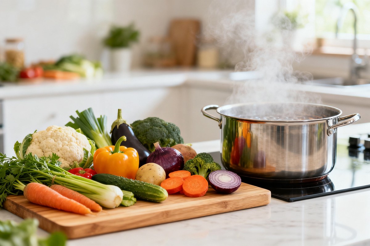 Assortiment de légumes frais de saison sur une planche en bois près d'une casserole vapeur
