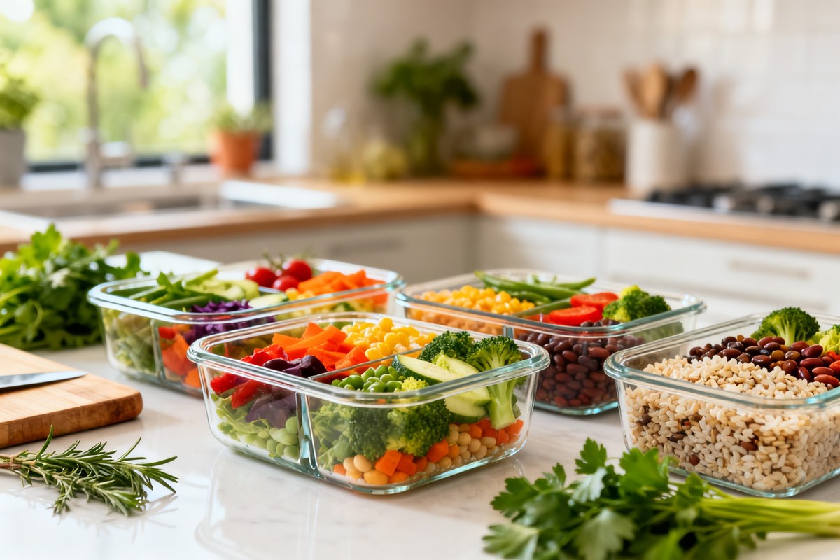 Plusieurs boîtes en verre remplies de légumes, céréales et légumineuses sur un plan de travail