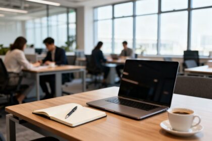 Bureau partagé dans un open space lumineux avec ordinateur portable, carnet et tasse de café
