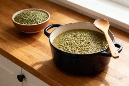 Casserole de lentilles vertes cuites avec une cuillère en bois et un bol de lentilles crues