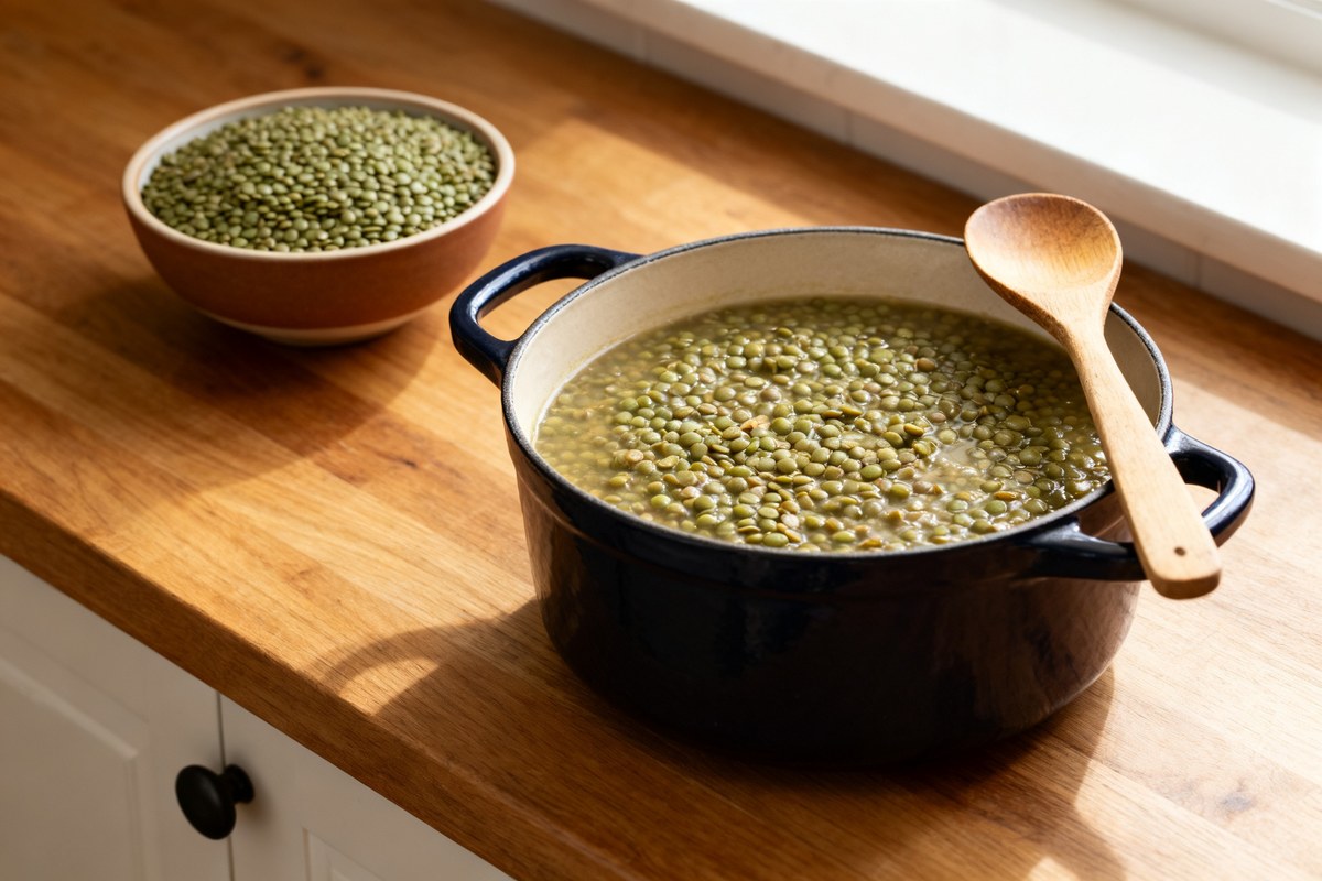 Casserole de lentilles vertes cuites avec une cuillère en bois et un bol de lentilles crues