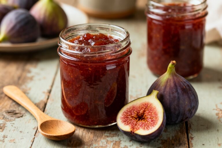 Confiture de figues en pots avec des figues fraîches et une cuillère en bois sur une table