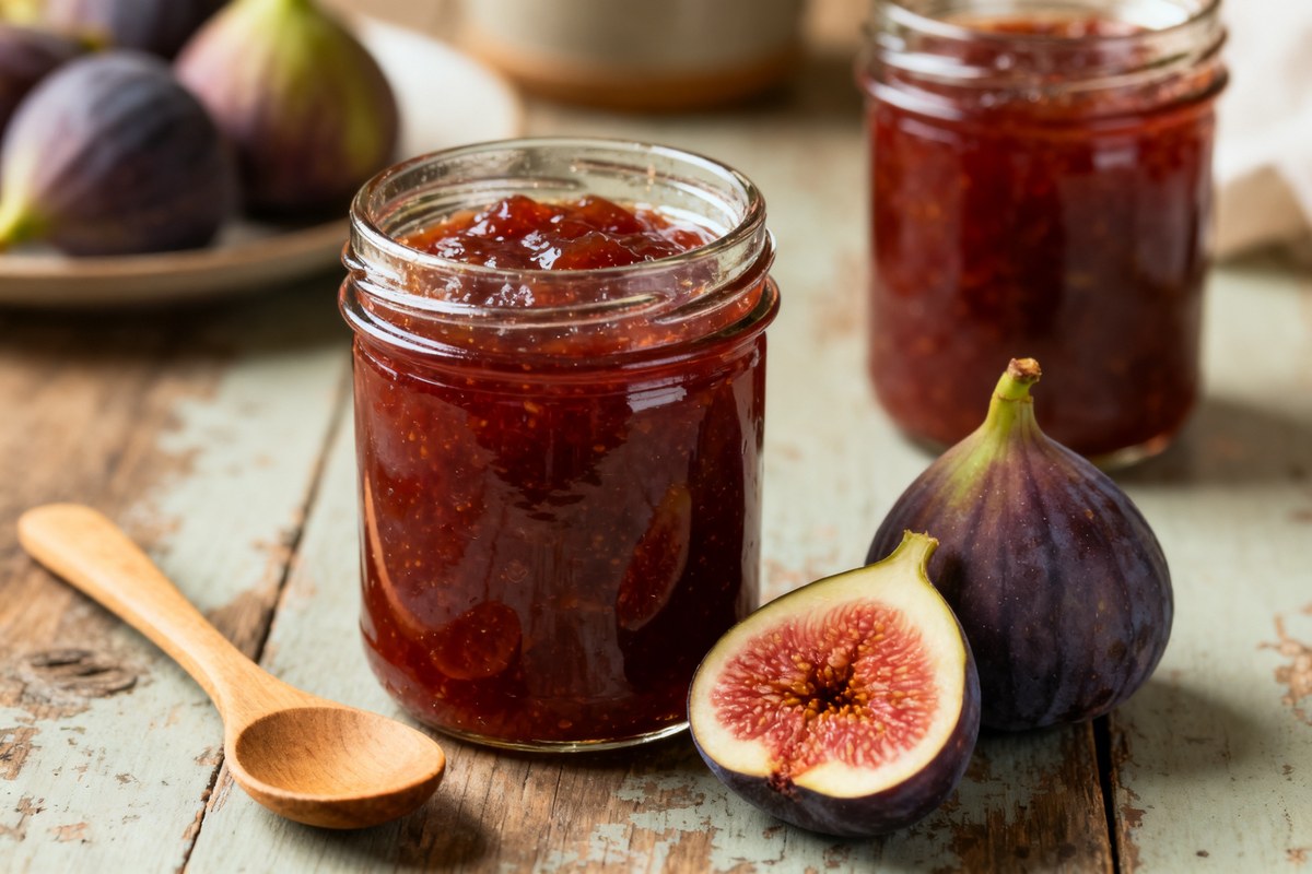 Confiture de figues en pots avec des figues fraîches et une cuillère en bois sur une table