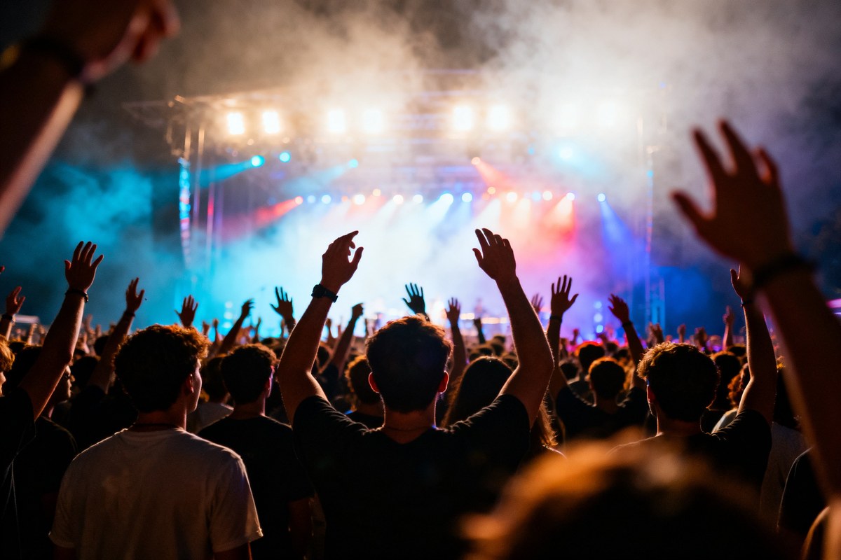 Foule de concert vue de dos, mains levées devant une scène illuminée et enfumée