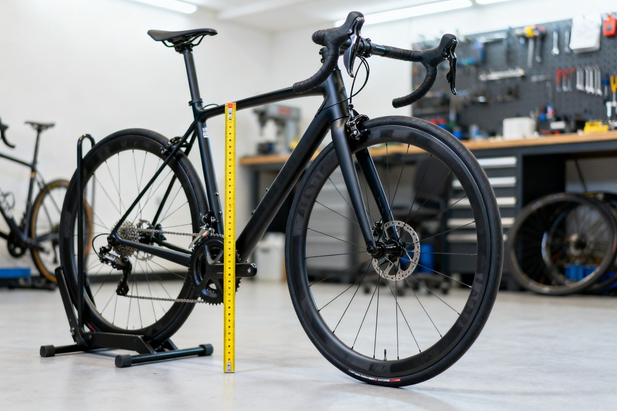 Vélo de route noir dans un atelier avec un mètre ruban posé le long du cadre