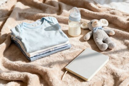 Essentiels de bébé disposés sur une couverture douce : bodies pliés, doudou, biberon et carnet