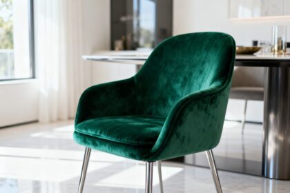 Chaise design en velours vert émeraude à pieds métalliques dans une salle à manger moderne