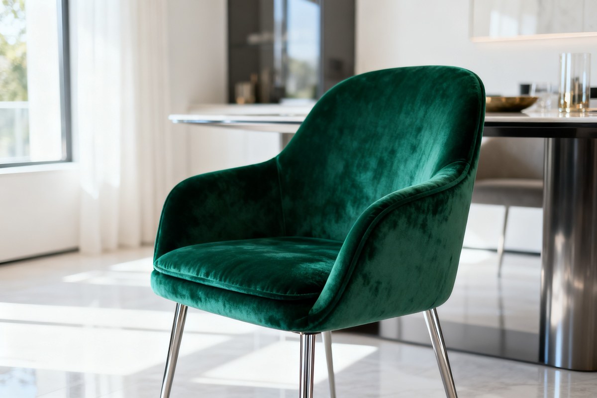 Chaise design en velours vert émeraude à pieds métalliques dans une salle à manger moderne