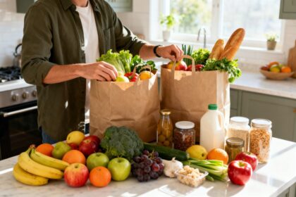 Personne rangeant des courses fraîches, fruits, légumes et produits d'épicerie sur un plan de travail